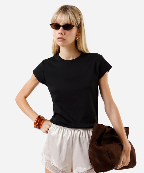 camiseta baby look feminina de algodão peruano interlock preta