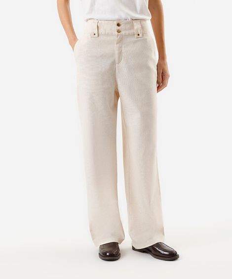 calça feminina em alfaiataria com linho e passante largo bege