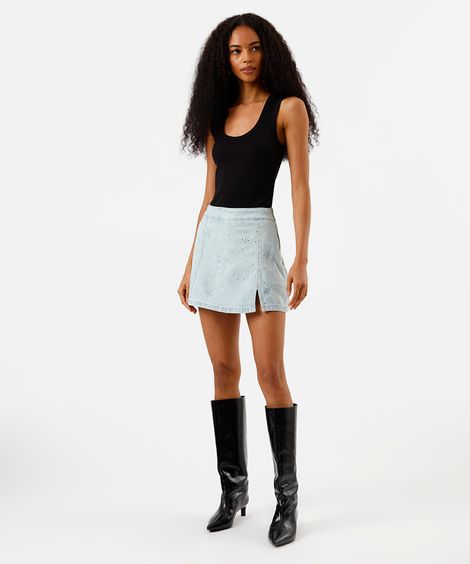short saia feminino com cintura alta e brilhos azul