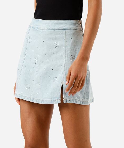short saia feminino com cintura alta e brilhos azul