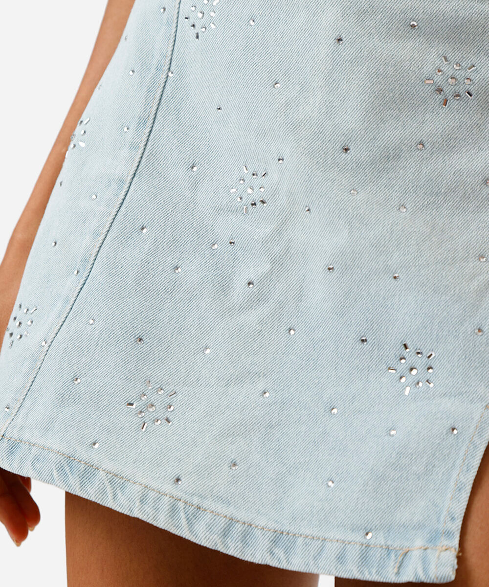 short saia feminino com cintura alta e brilhos azul