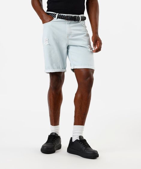 bermuda reta masculina jeans barra dobrada destroyed azul