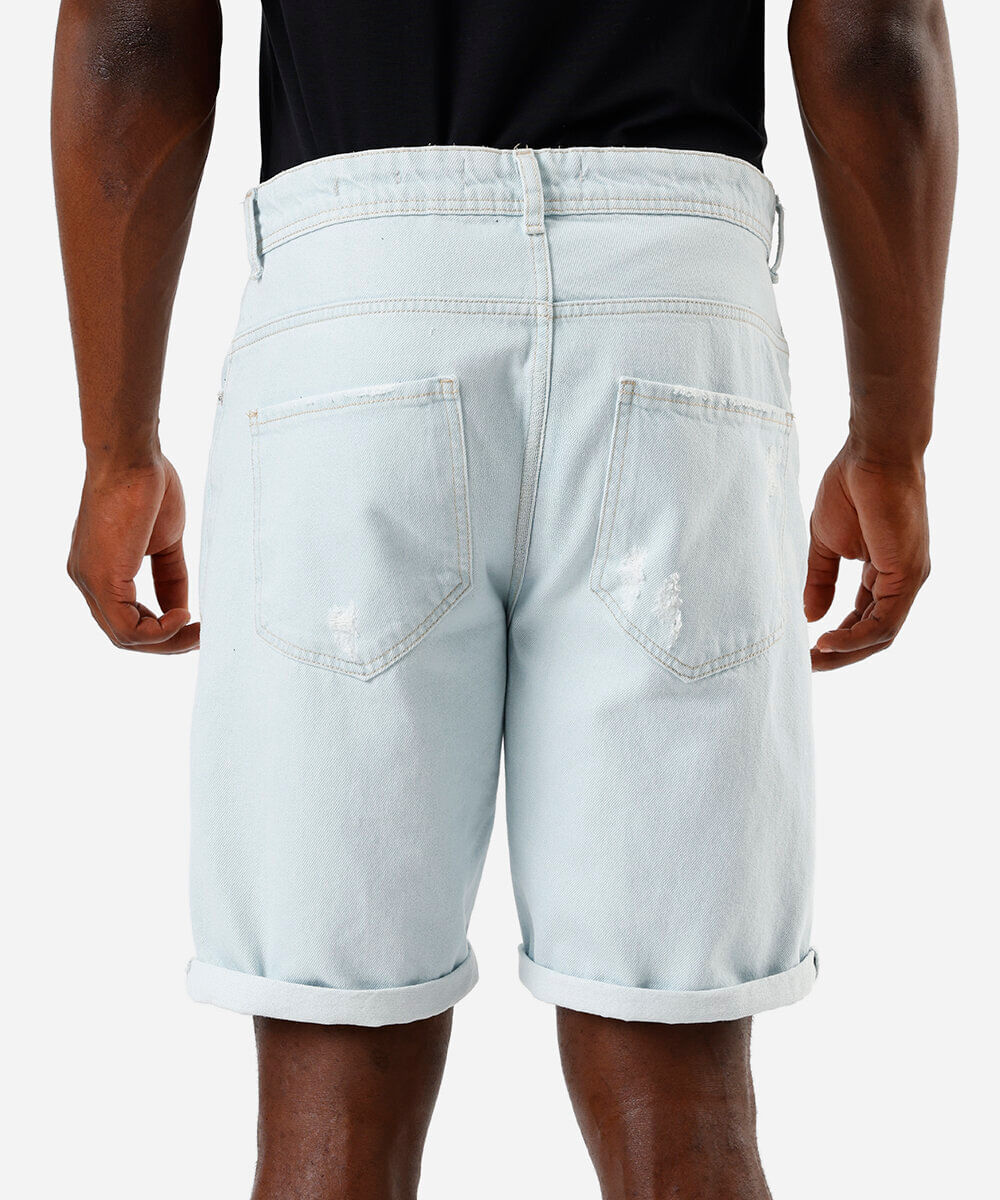 bermuda reta masculina jeans barra dobrada destroyed azul