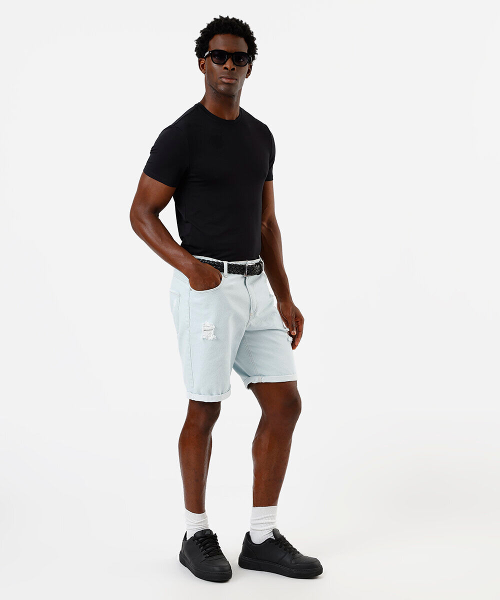 bermuda reta masculina jeans barra dobrada destroyed azul