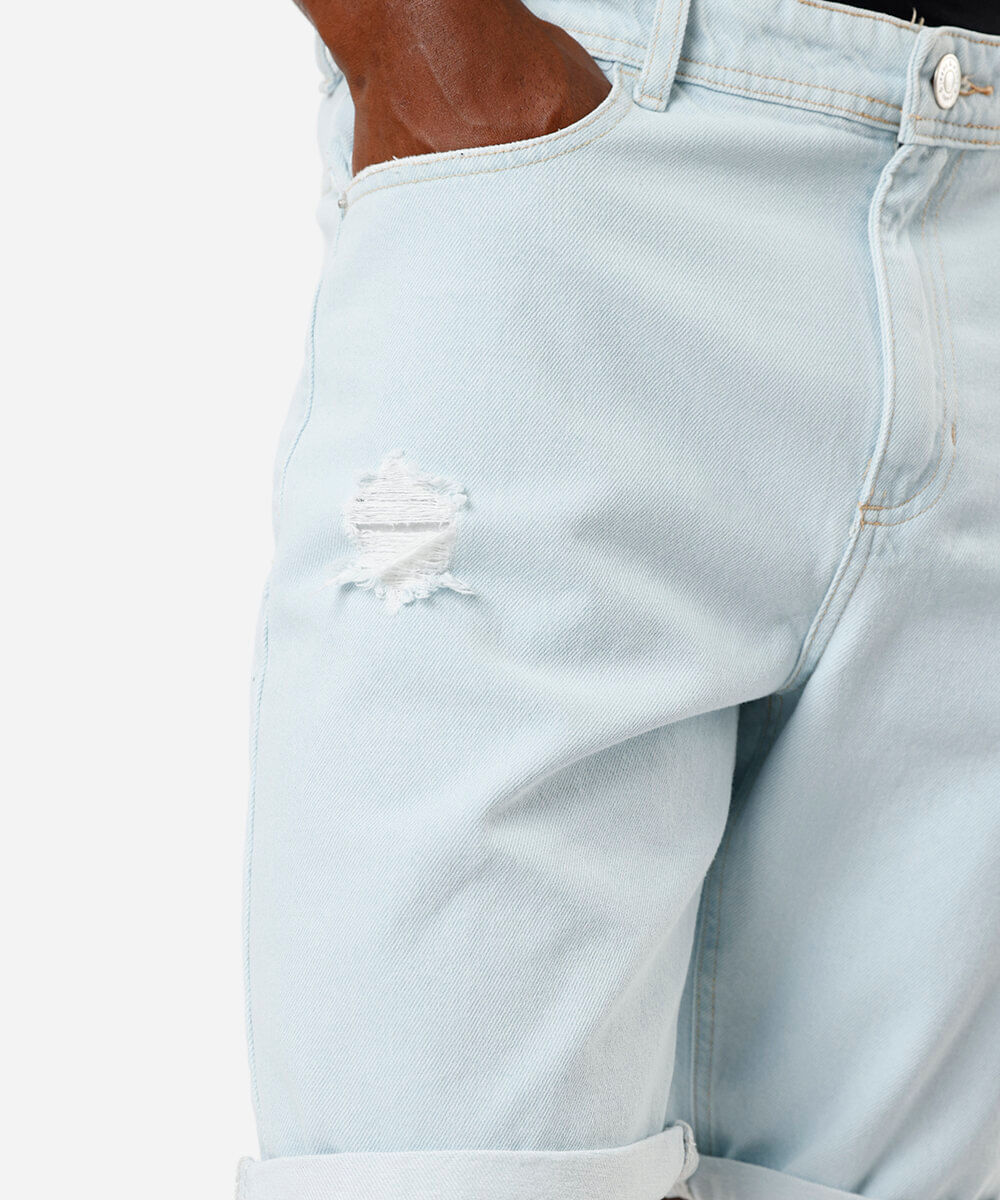bermuda reta masculina jeans barra dobrada destroyed azul