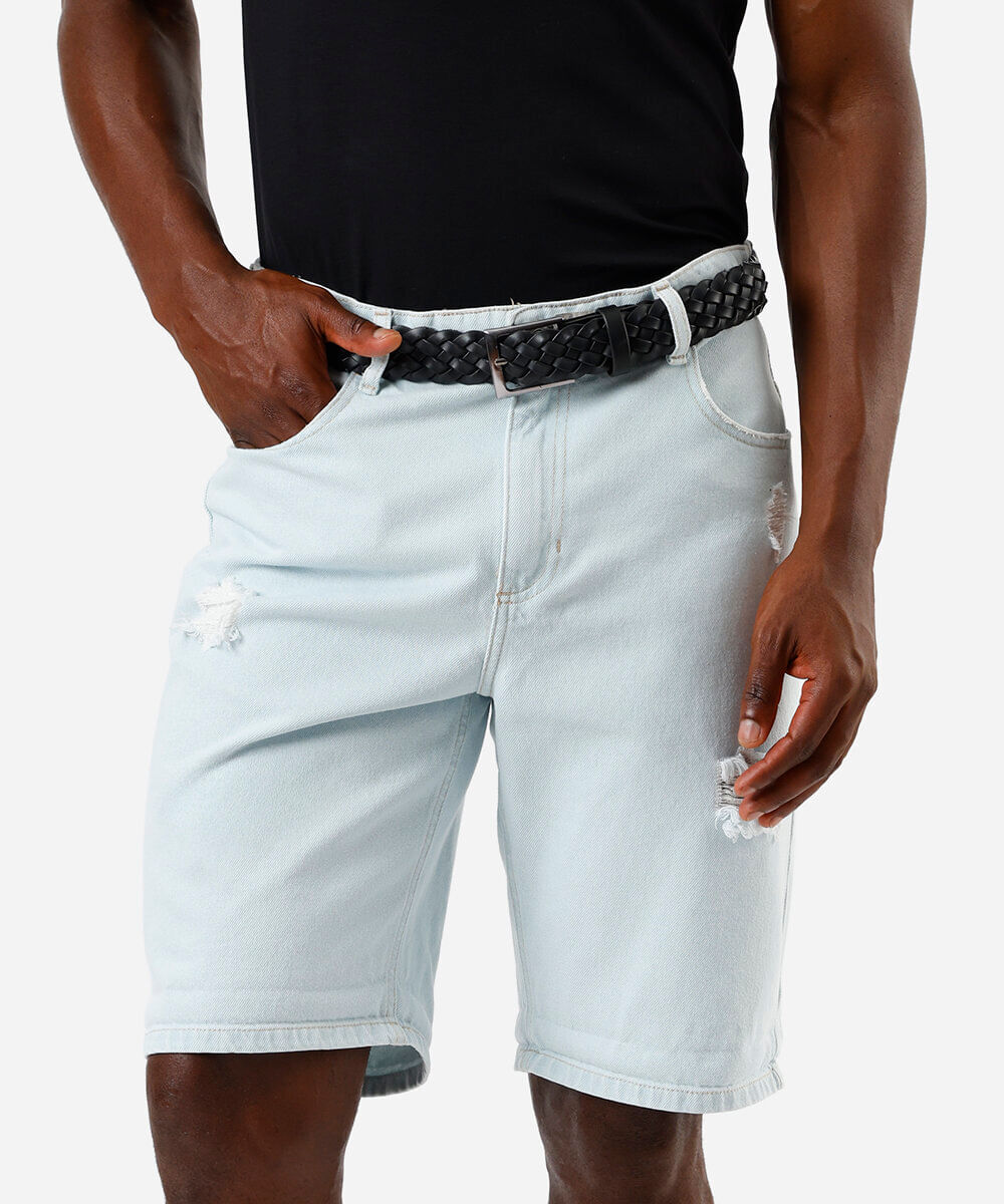 bermuda reta masculina jeans barra dobrada destroyed azul