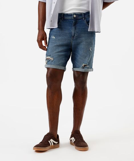 bermuda masculina jeans reta com barra dobrada azul