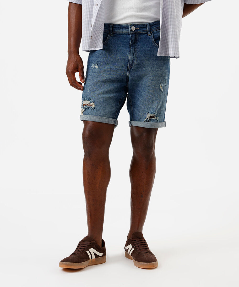 bermuda masculina jeans reta com barra dobrada azul