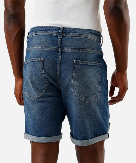 bermuda masculina jeans reta com barra dobrada azul
