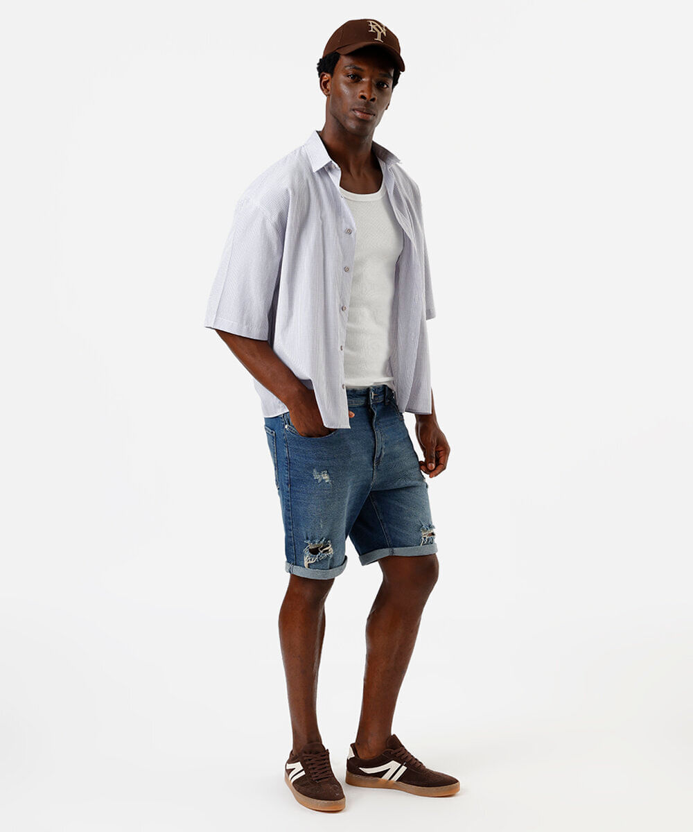 bermuda masculina jeans reta com barra dobrada azul