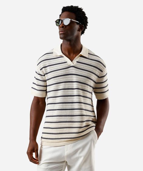 polo masculina de tricot relaxed com listras off white