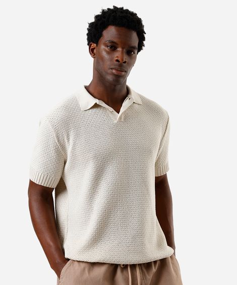 polo masculina de tricot com botão bege