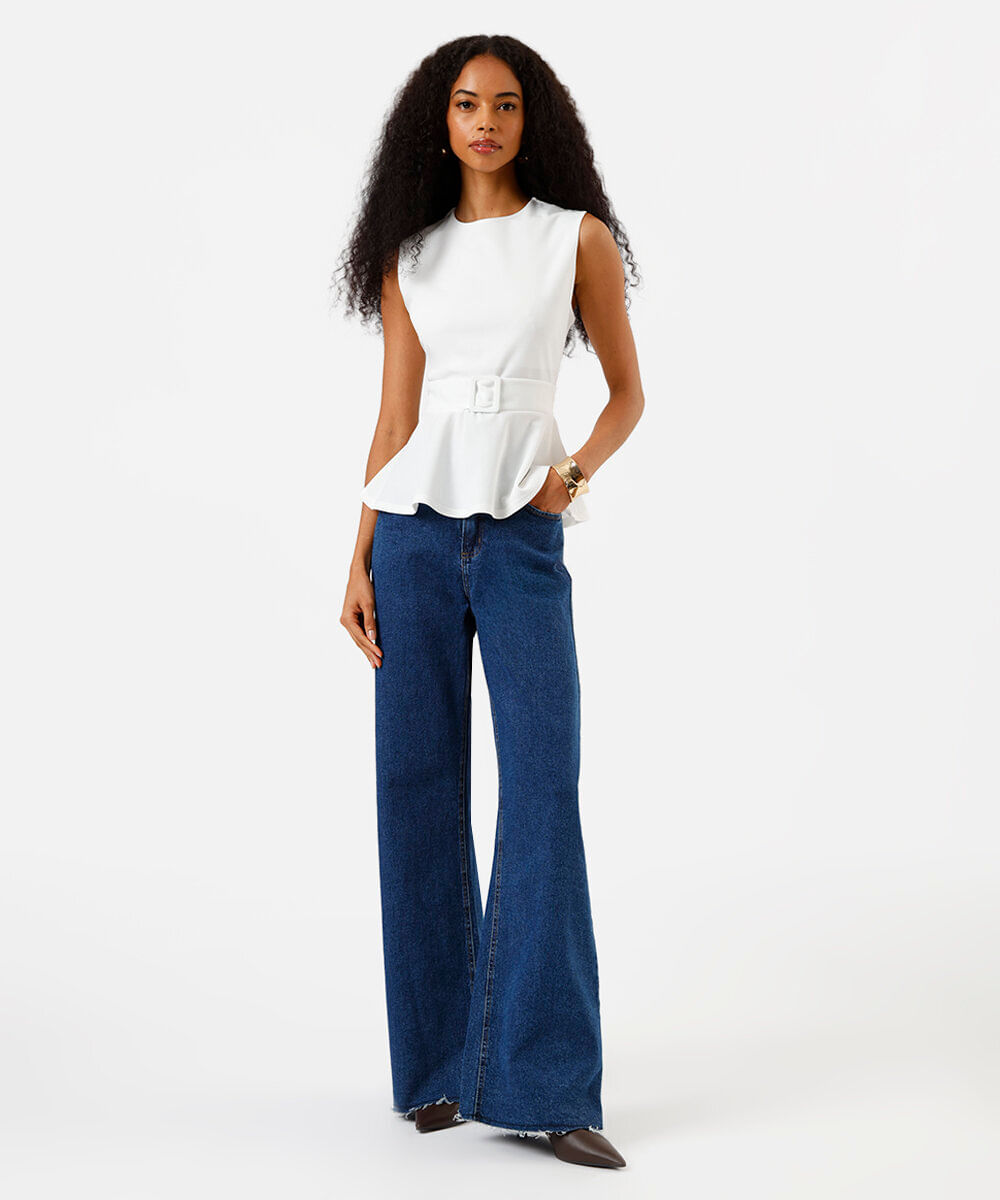 blusa feminina em peplum com cinto forrado off white