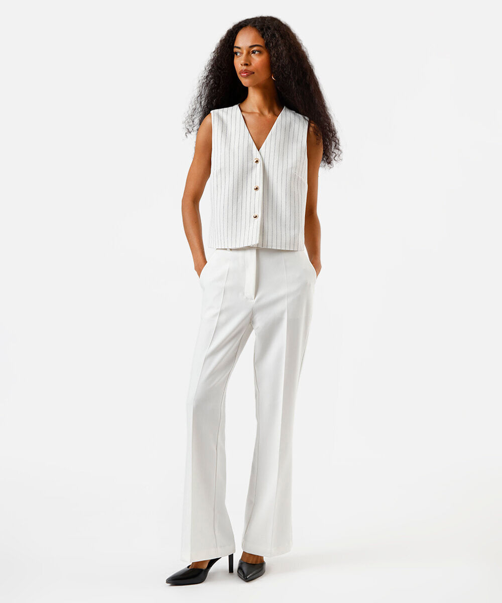 calça flare feminina de alfaiataria com cinto off white