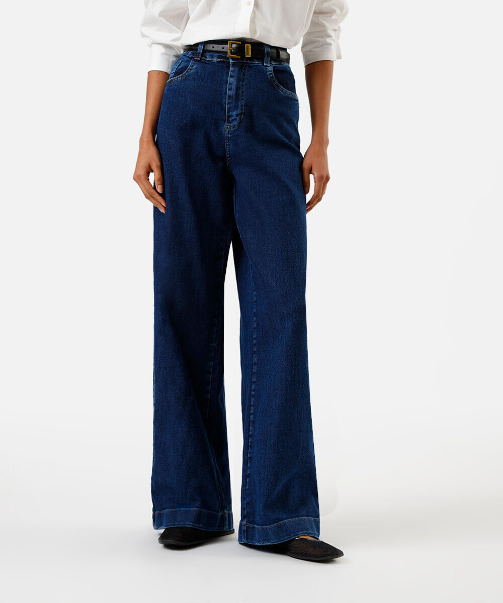 calça wide leg feminina jeans sawary azul