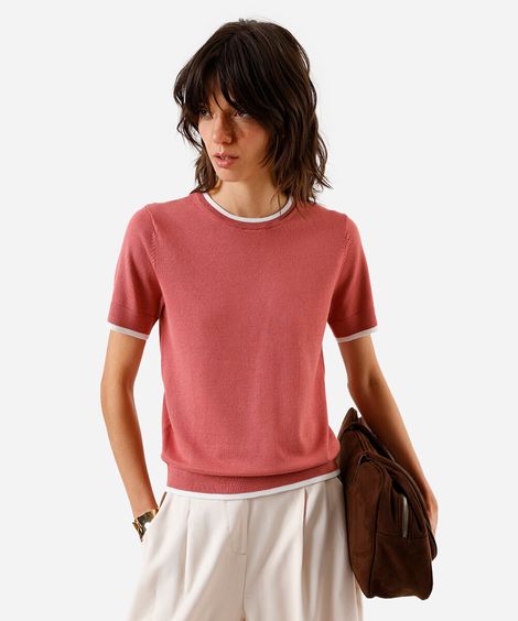 blusa manga curta regular friso contrastante rosa