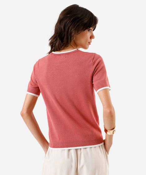 blusa manga curta regular friso contrastante rosa