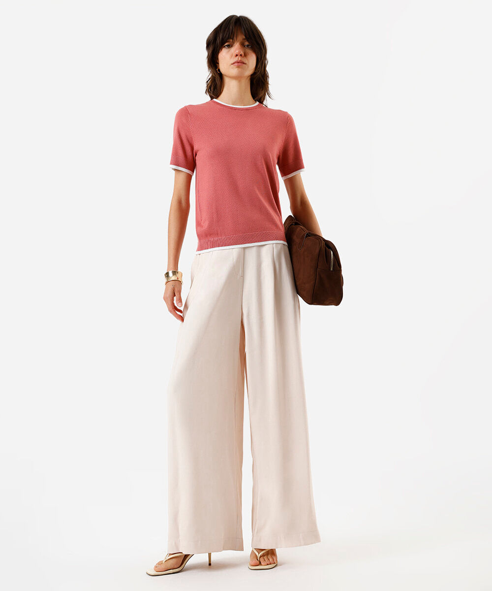 blusa manga curta regular friso contrastante rosa