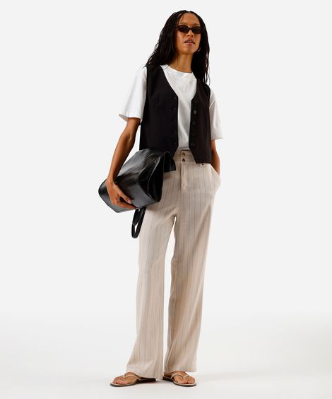 calça feminina alfaiataria com linho risca de giz bege