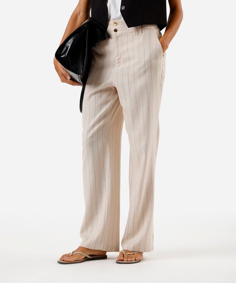 calça feminina alfaiataria com linho risca de giz bege