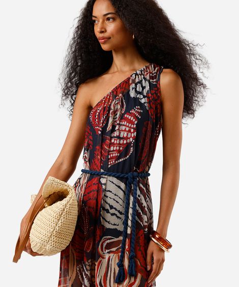 vestido ombro único feminino de tule estampado colorido