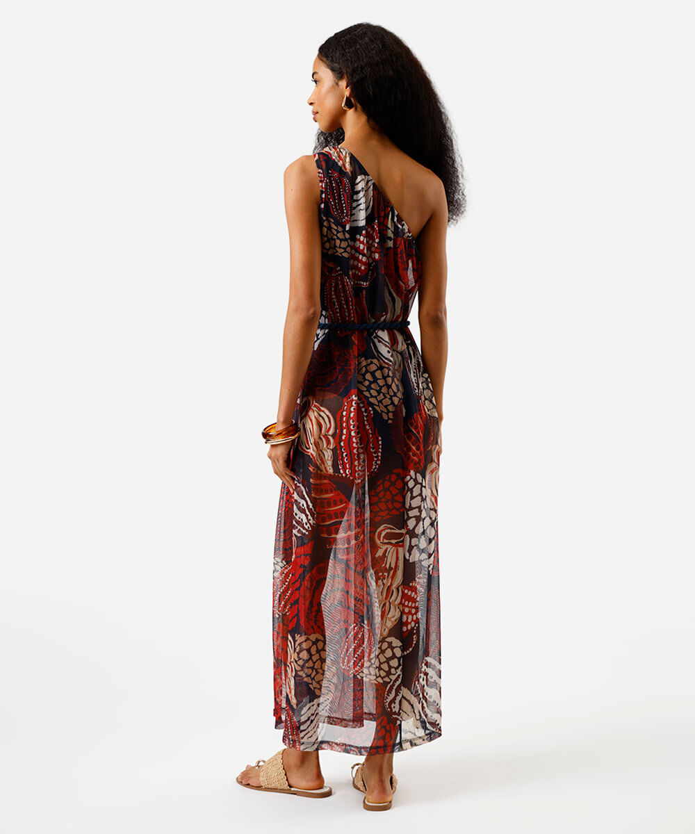 vestido ombro único feminino de tule estampado colorido