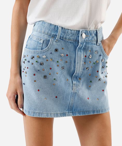 saia curta jeans brilhos coloridos azul