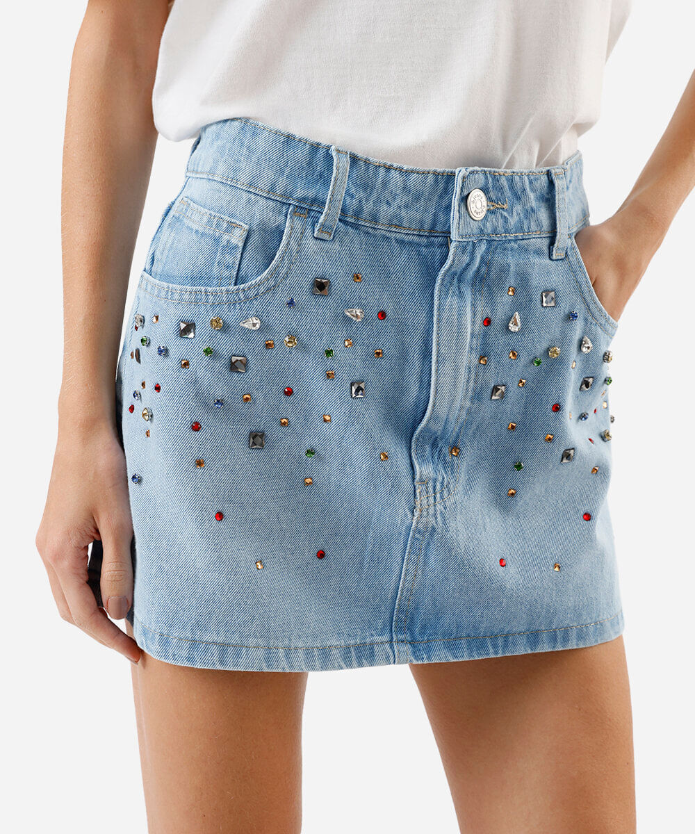 saia curta jeans brilhos coloridos azul