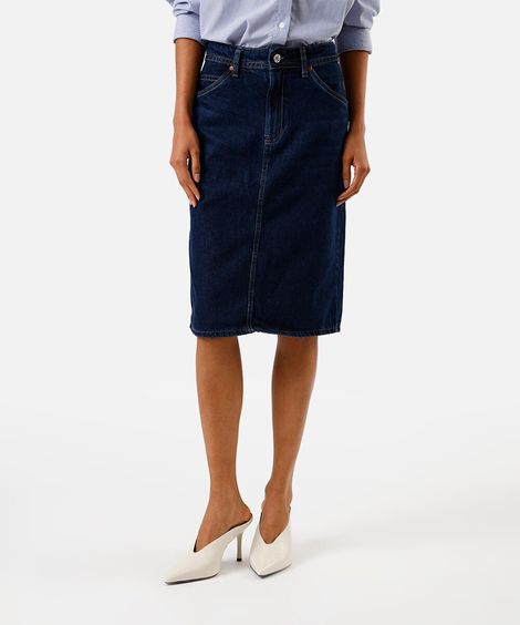 saia midi feminina jeans com fenda azul