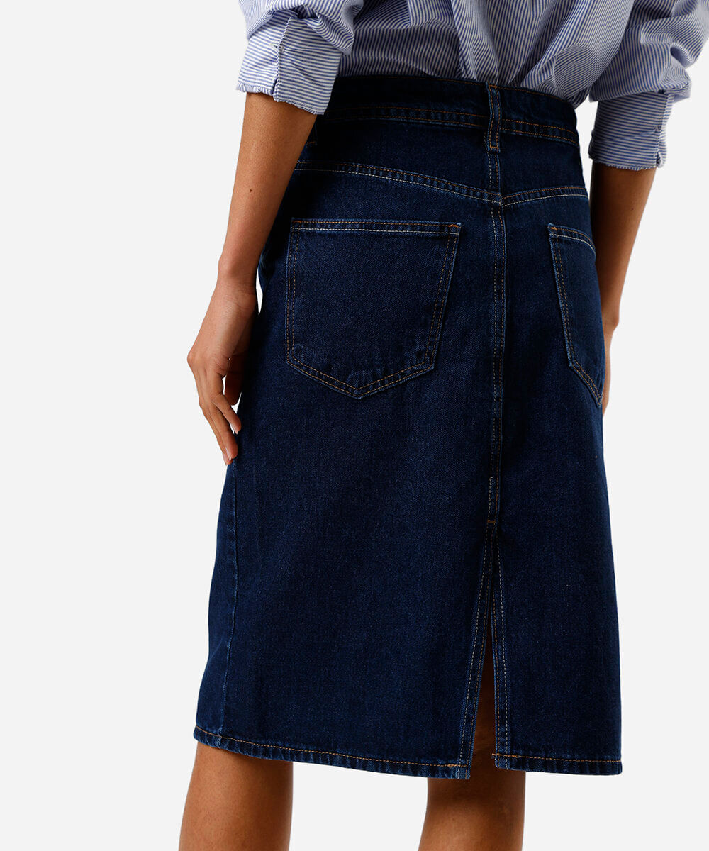 saia midi feminina jeans com fenda azul