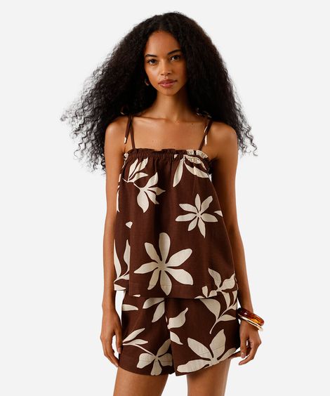 blusa alça fina feminina com linho floral marrom