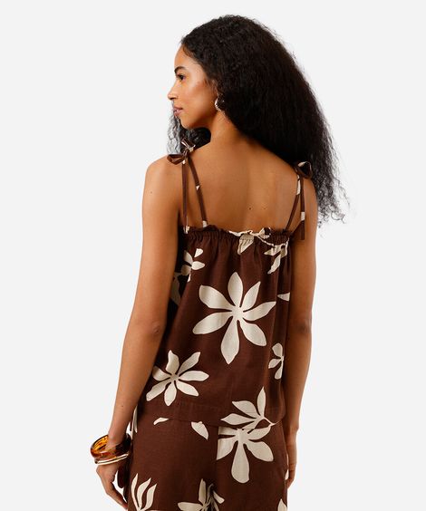 blusa alça fina feminina com linho floral marrom