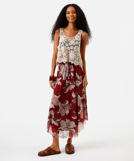 saia midi de tule floral vinho