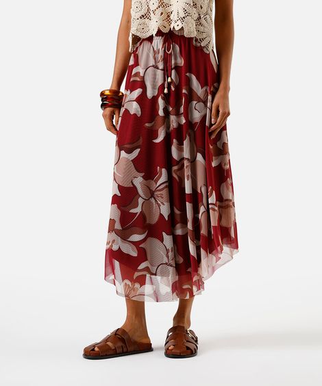 saia midi de tule floral vinho