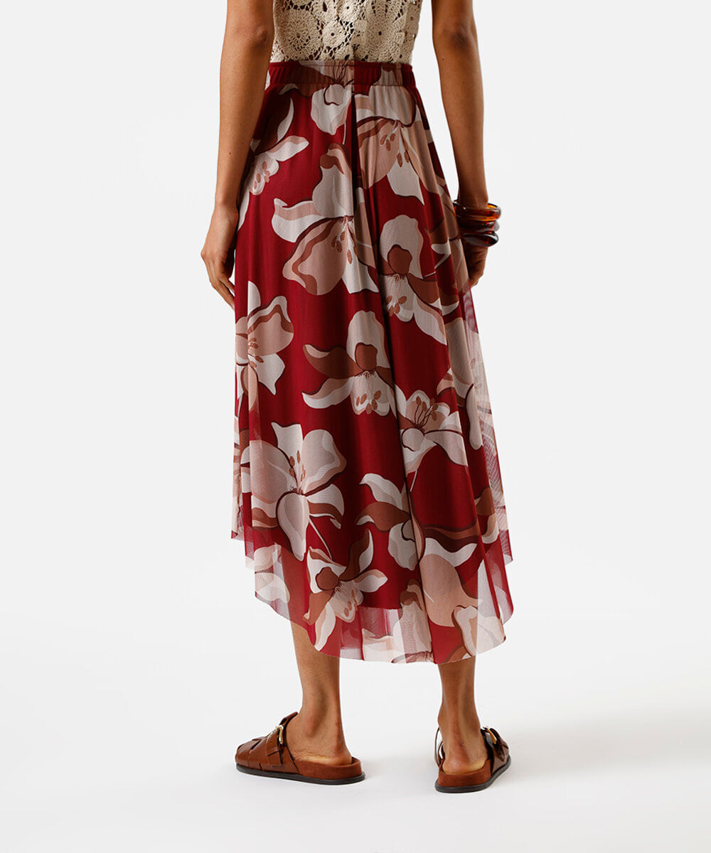 saia midi de tule floral vinho