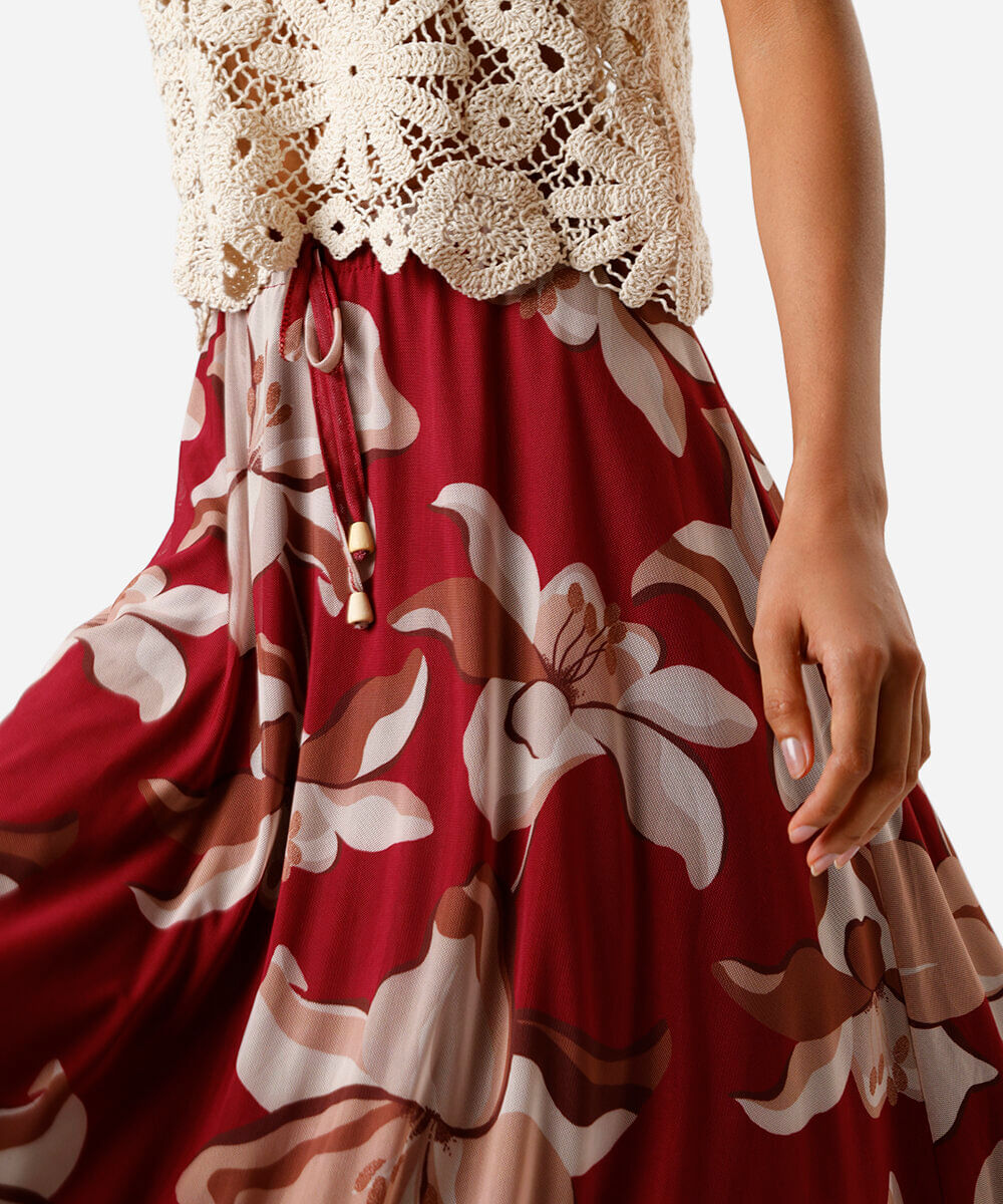 saia midi de tule floral vinho