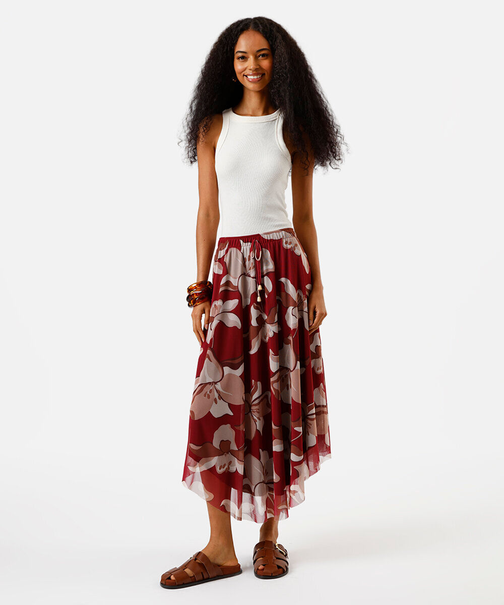 saia midi de tule floral vinho