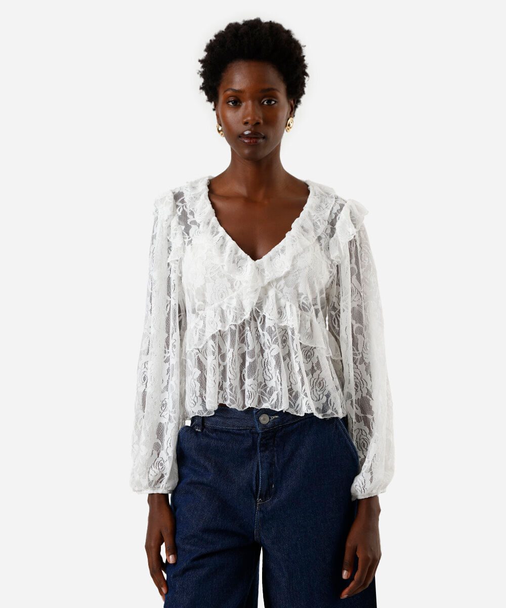 bata feminina de renda com babados floral off white