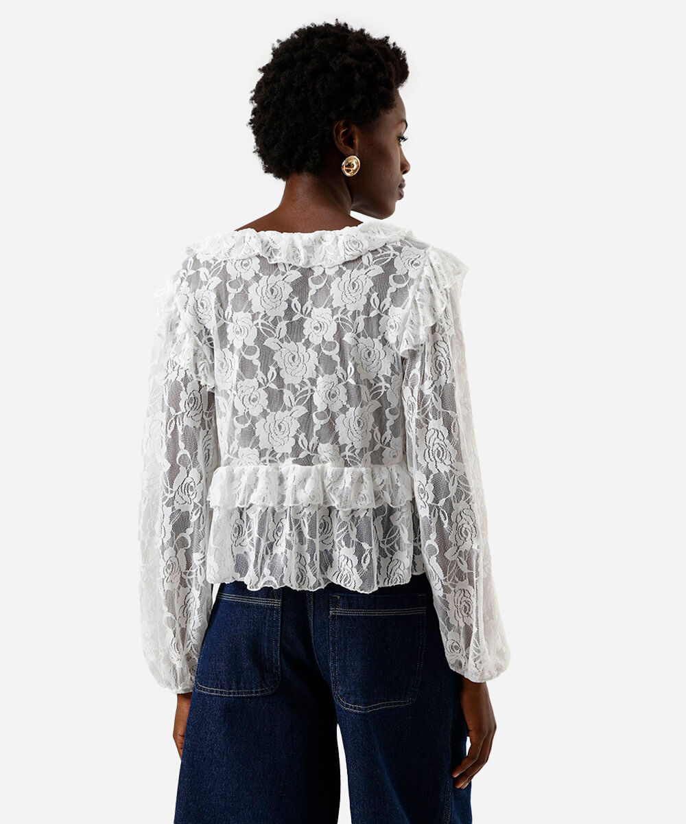 bata feminina de renda com babados floral off white