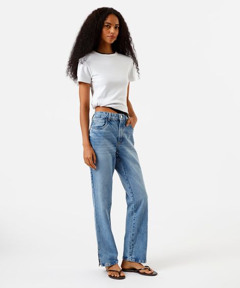 calça feminina jeans reta cintura alta slit azul