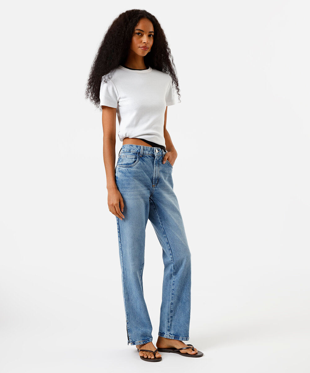 calça feminina jeans reta cintura alta slit azul