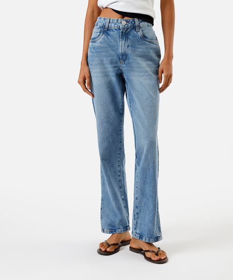 calça feminina jeans reta cintura alta slit azul
