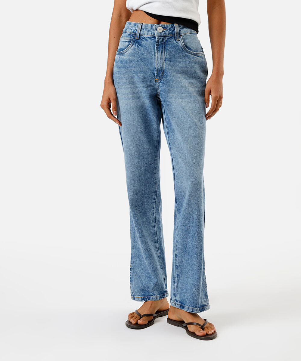 calça feminina jeans reta cintura alta slit azul