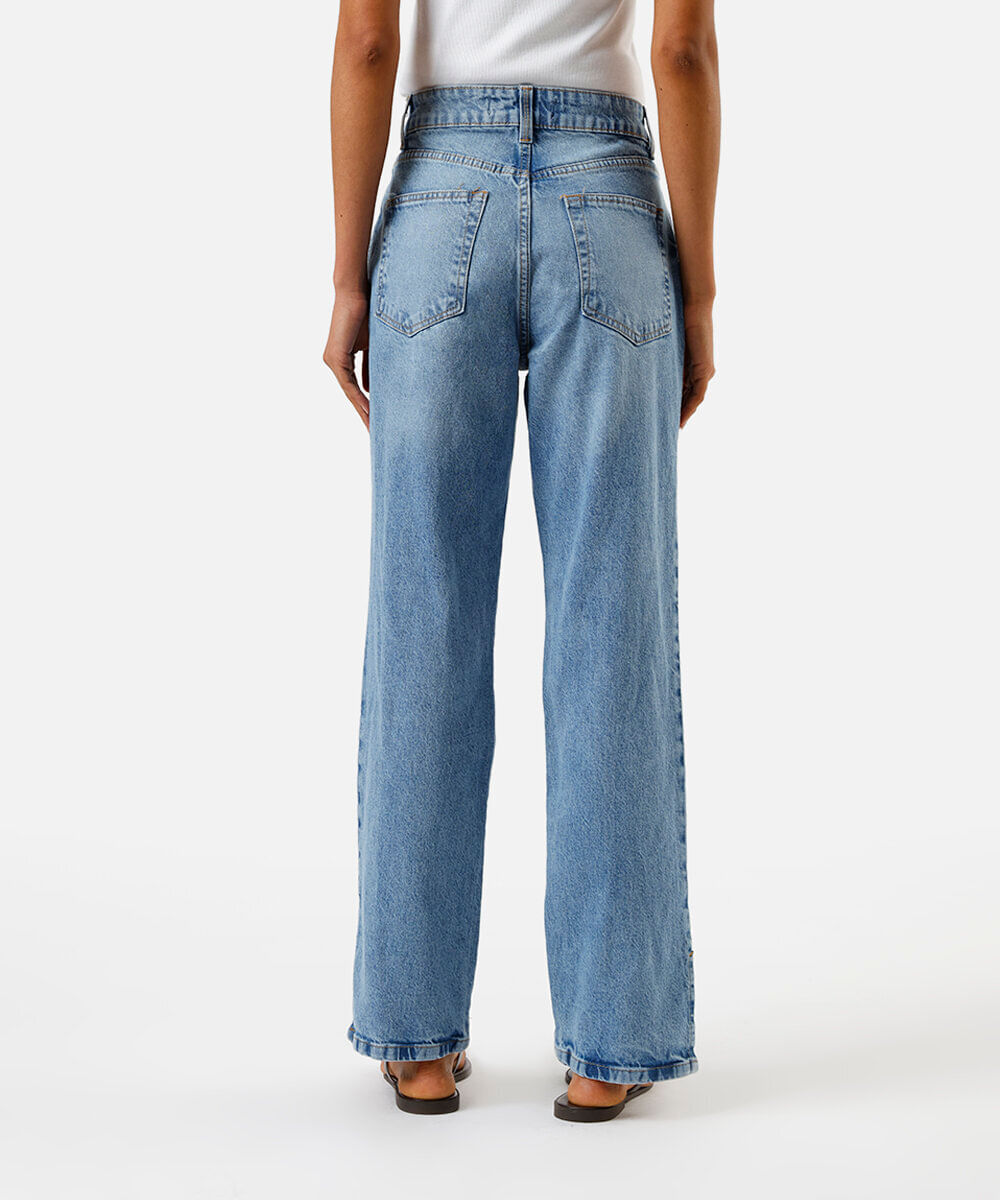 calça feminina jeans reta cintura alta slit azul