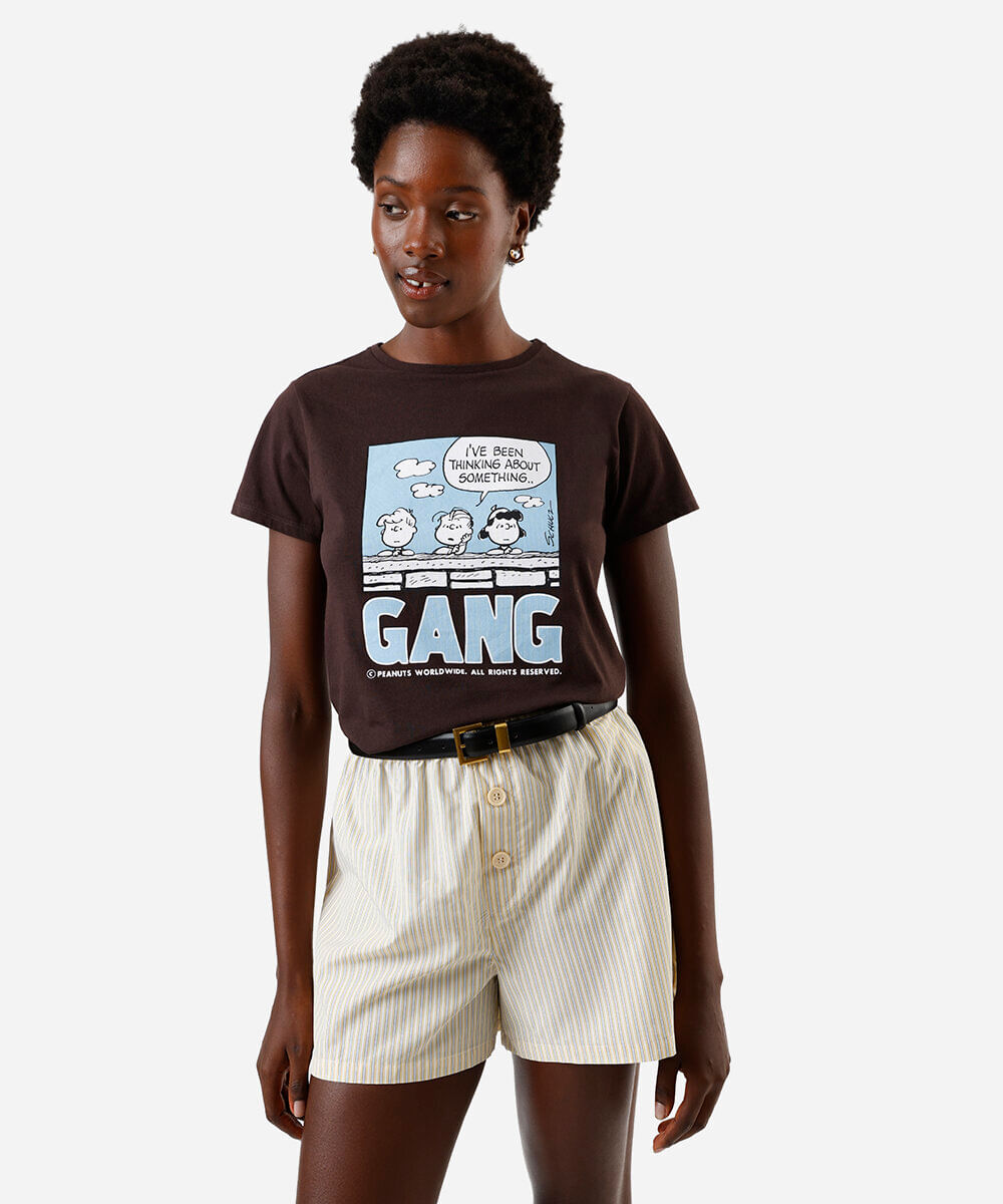 camiseta feminina peanuts gang marrom
