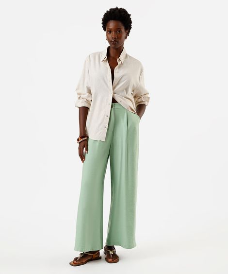 calça wide leg feminina de viscose texturizada verde