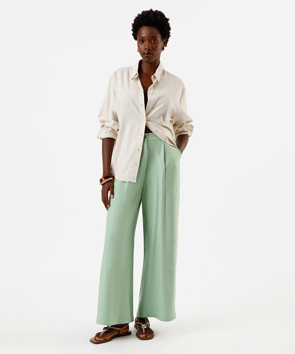 calça wide leg feminina de viscose texturizada verde