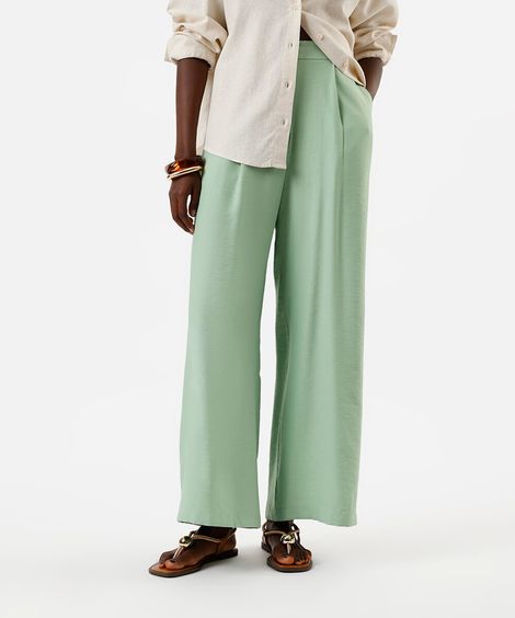 calça wide leg feminina de viscose texturizada verde
