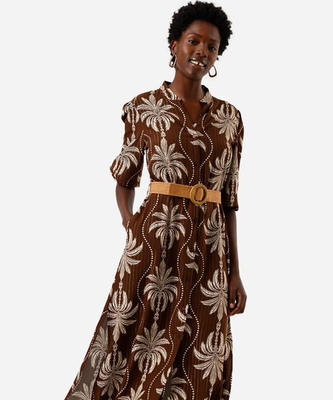 vestido midi chemise feminino de viscose e lurex com cinto folhagens marrom