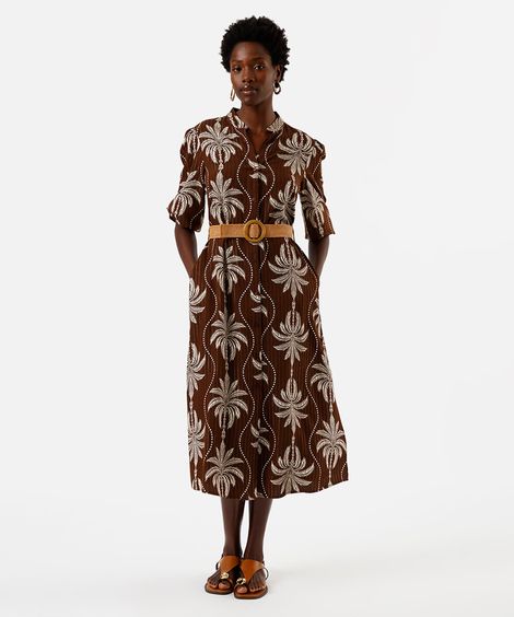 vestido midi chemise feminino de viscose e lurex com cinto folhagens marrom